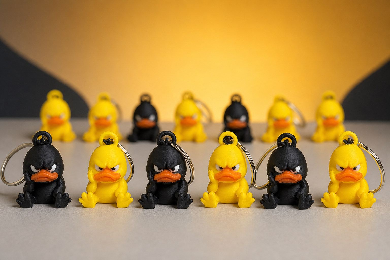 Chaveiros de pato furioso impressos em 3D, nas cores preta e amarela, com argola metálica