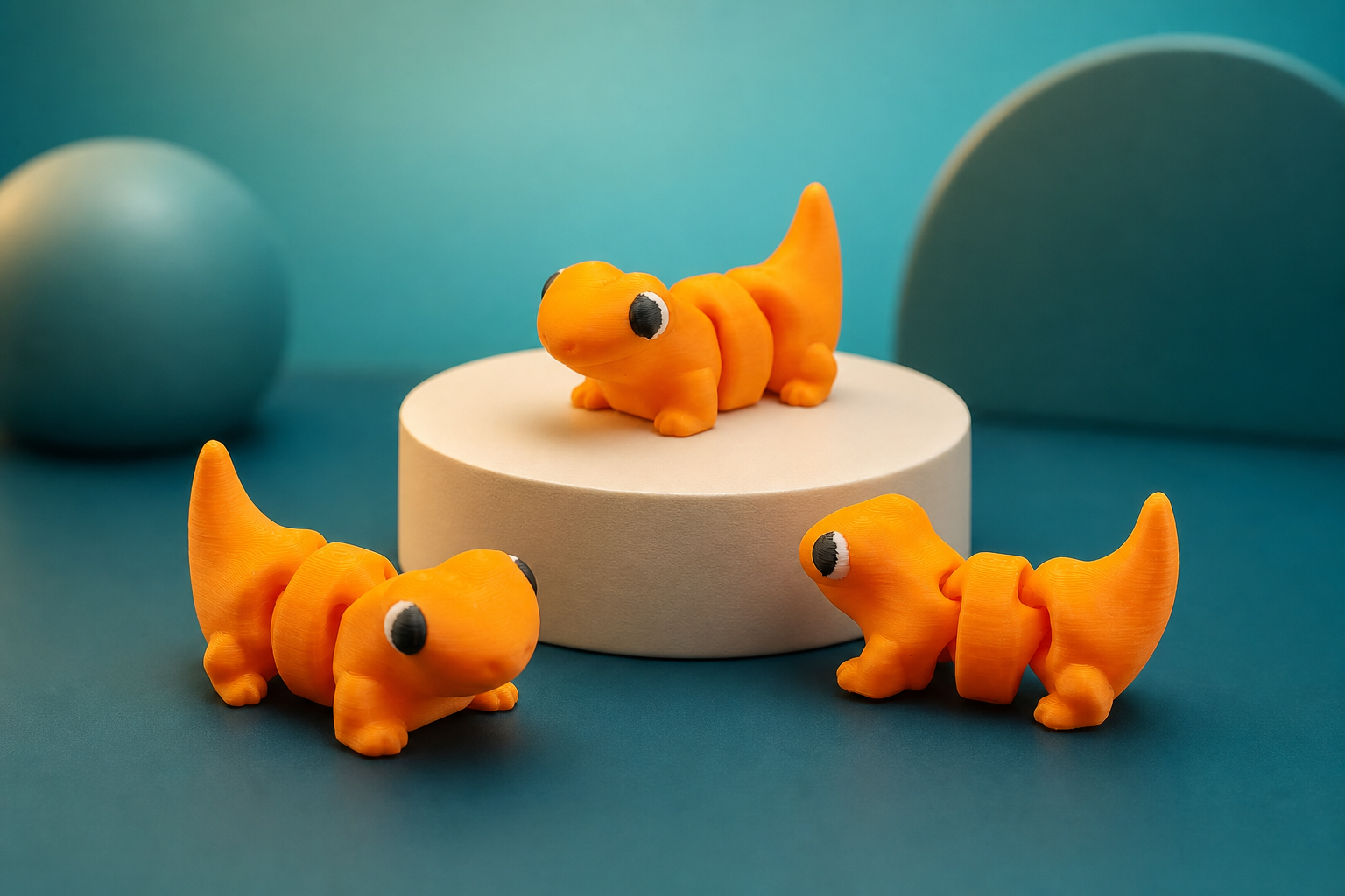 Três dinossauros articulados flexi laranja impressos em 3D sobre fundo azul