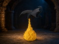 Luminária de dragão impressa em 3D sobre chama amarela acesa, em masmorra de pedra