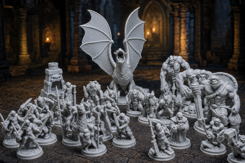 Pack de miniaturas de monstros de RPG com dragão central, goblins, orcs e ogros sem pintura